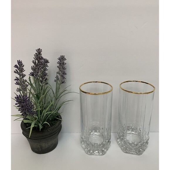 Vintage Pasabahce 24k Gold Rim‎ Tumbler Glasses Set Of 2 Diamond Pattern Turkey - Picture 2 of 5